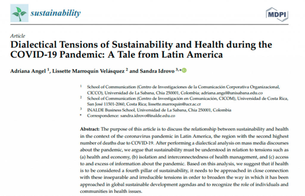 Publicación artículo "Dialectical Tensions of Sustainability and Health during the COVID-19 Pandemic: A Tale from Latin America"