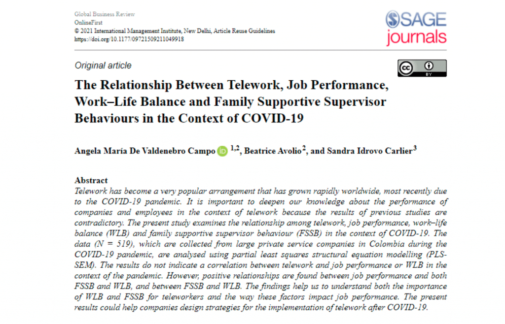 “The Relationship Between Telework, Job Performance, Work–Life Balance and Family Supportive Supervisor Behaviours in the Context of COVID-19”, artículo publicado en Global Business Review